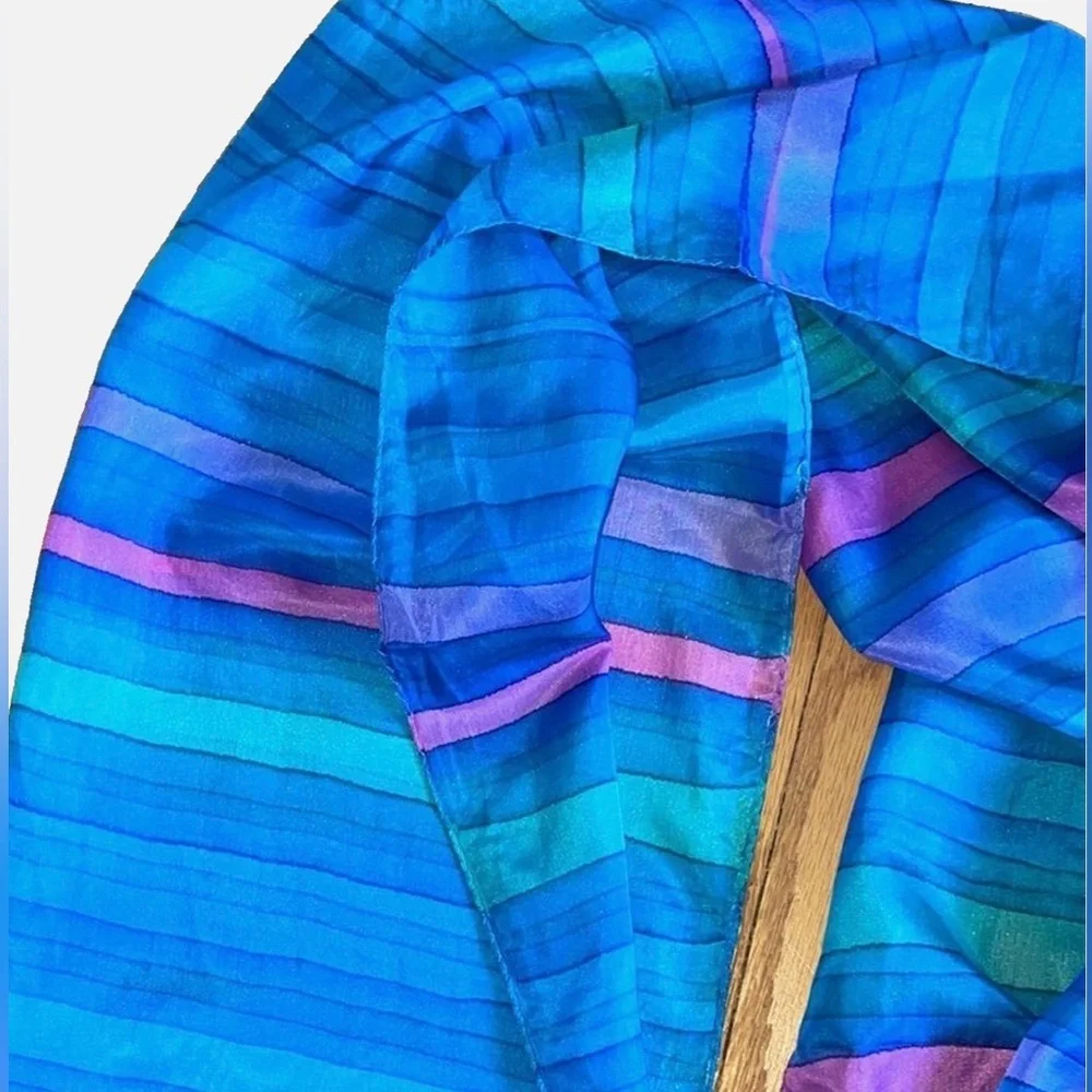Vintage Jayakar Paris 100% Silk Scarf Signed Blue Purple Striped Oblong France